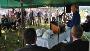 Growing a tech park on I-69 -- Gov. Mitch Daniels delivers remarks at a MEK Group-produced media event for the WestGate Academy groundbreaking in 2011.